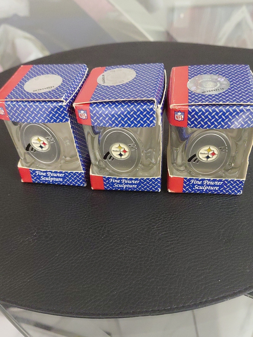 Vintage STEELERS Fine Pewter Emblem Square Shot Glasses. New In Boxes. Set Of 3